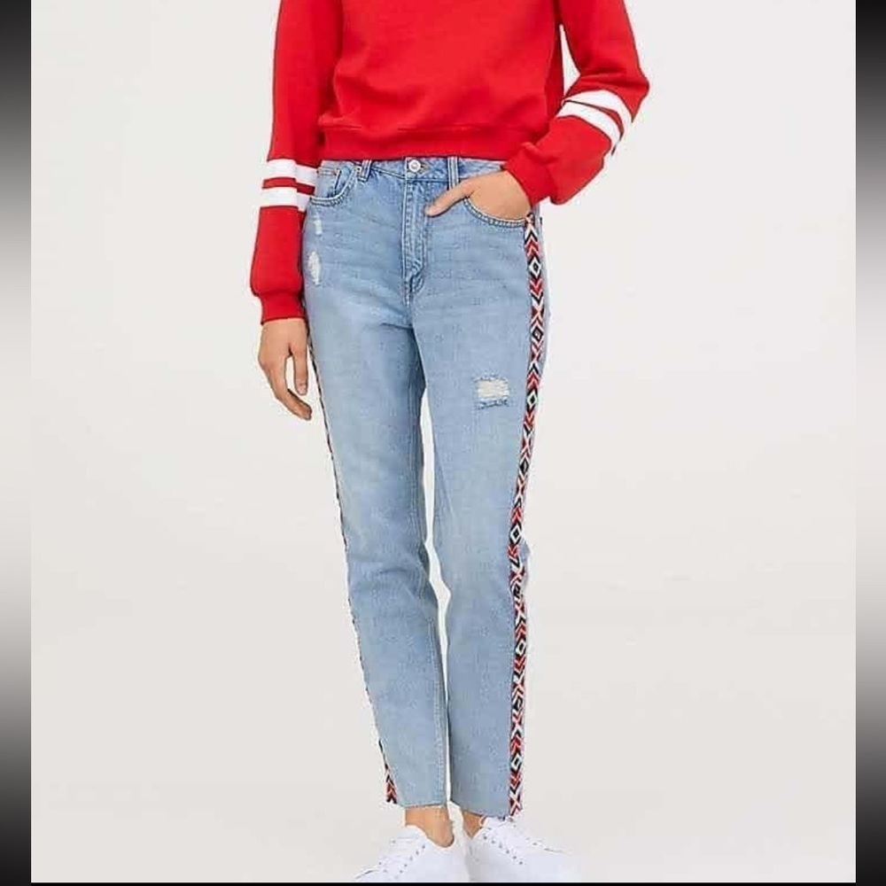H&M Aztec Embroidered Trim High Rise 100% Cotton Mom Jeans Size 8